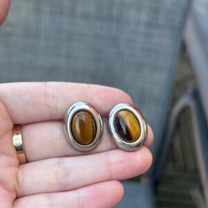 Vintage Silver Tone and Brown Tiger’s Eye Gemstone Stud Oval Earrings